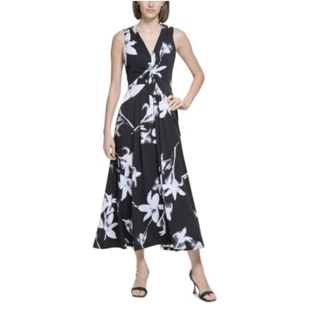 Calvin Klein Floral-Print Twist-Front Maxi Dress Sz 14 Matte Jersey Black White